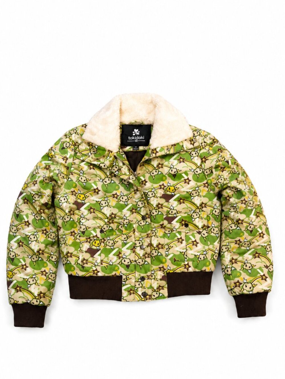 Tokidoki Women’s XL Down Puffer Bomber Jacket Green Print Faux Fur Collar EUC